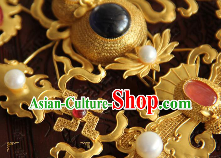 China Ancient Palace Empress Pearls Hairpin Traditional Ming Dynasty Gems Hair Accessories Handmade Golden Gourd Hair Stick