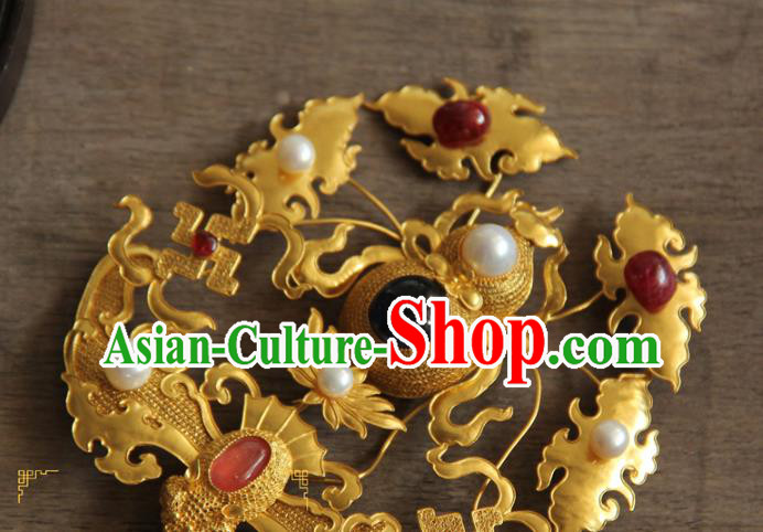 China Ancient Palace Empress Pearls Hairpin Traditional Ming Dynasty Gems Hair Accessories Handmade Golden Gourd Hair Stick