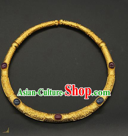 China Ancient Palace Woman Gems Necklace Jewelry Handmade Qing Dynasty Imperial Consort Golden Necklet