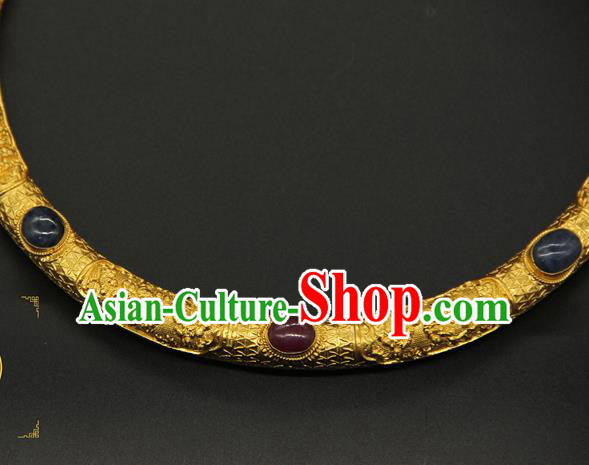 China Ancient Palace Woman Gems Necklace Jewelry Handmade Qing Dynasty Imperial Consort Golden Necklet