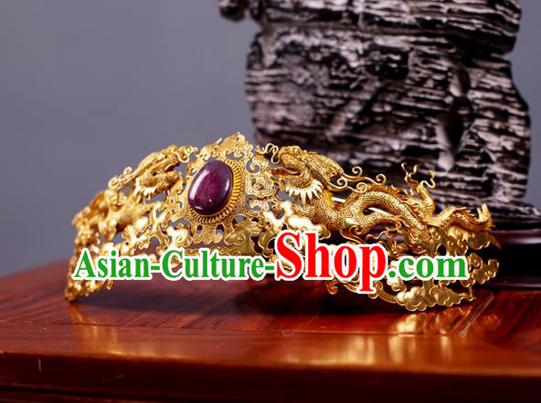 China Ming Dynasty Golden Dragons Hair Crown Ancient Court Hair Accessories Traditional Handmade Empress Hairpin