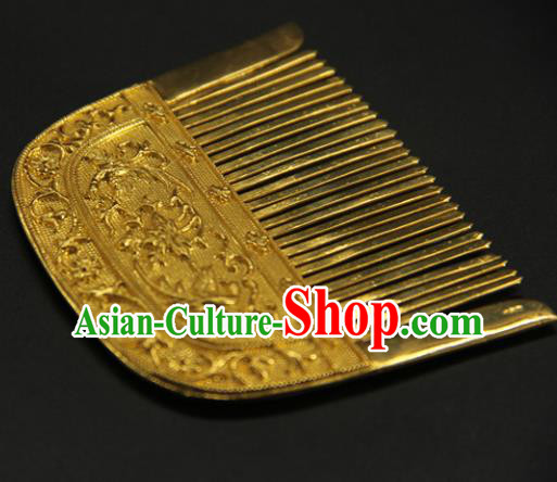 China Handmade Court Hairpin Ancient Empress Hair Accessories Traditional Tang Dynasty Carving Golden Hair Comb