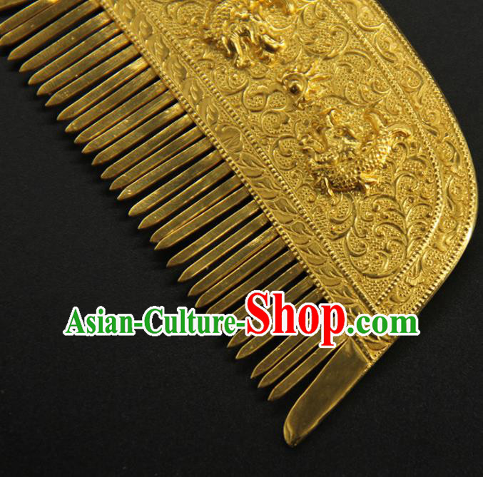 China Traditional Tang Dynasty Carving Dragon Golden Hair Comb Handmade Court Hairpin Ancient Empress Hair Accessories