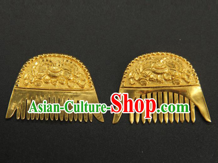 China Ancient Empress Hair Accessories Traditional Tang Dynasty Carving Peony Hair Comb Handmade Court Golden Hairpin