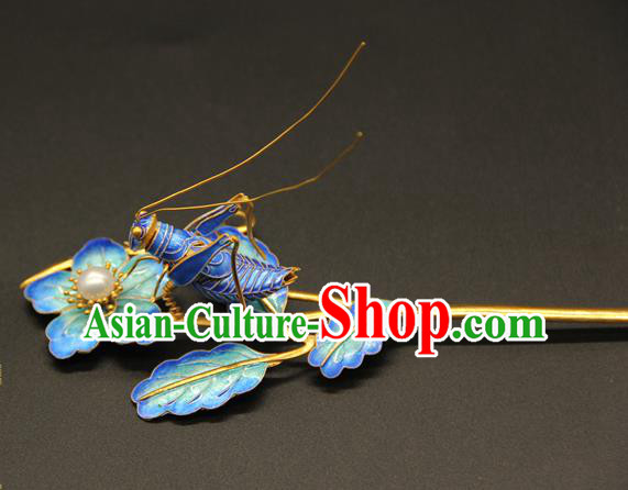 China Handmade Blueing Grasshopper Hair Clip Ancient Imperial Consort Hairpin Traditional Qing Dynasty Court Hair Accessories