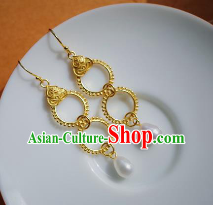 Handmade Chinese Traditional Ming Dynasty Golden Gourd Ear Jewelry Ancient Imperial Consort Earrings Accessories