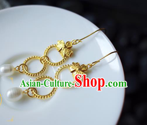 Handmade Chinese Traditional Ming Dynasty Court Ear Jewelry Ancient Queen Golden Earrings Accessories