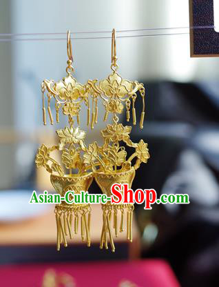 Handmade Chinese Traditional Ancient Queen Golden Flower Basket Earrings Accessories Ming Dynasty Court Ear Jewelry