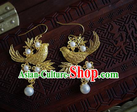 Handmade Chinese Traditional Ancient Wedding Earrings Accessories Ming Dynasty Court Golden Magpie Plum Ear Jewelry