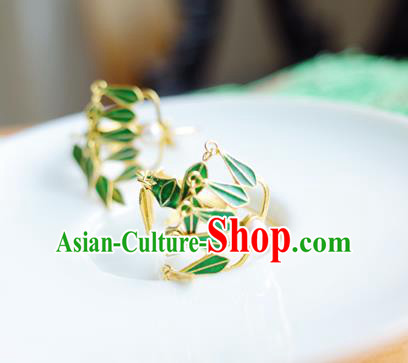 Handmade Chinese Ancient Court Lady Earrings Accessories Traditional Qing Dynasty Green Bamboo Leaf Ear Jewelry
