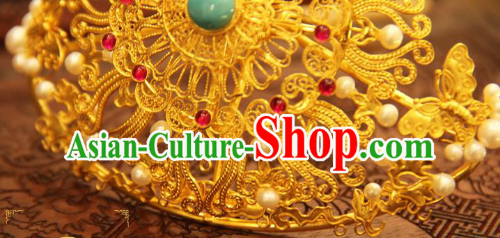 China Handmade Wedding Golden Hair Crown Ancient Queen Hairpin Traditional Ming Dynasty Hair Accessories