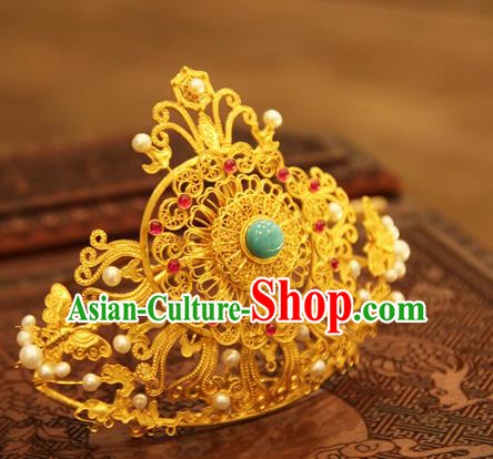 China Handmade Wedding Golden Hair Crown Ancient Queen Hairpin Traditional Ming Dynasty Hair Accessories