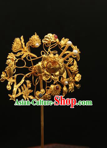 China Traditional Qing Dynasty Court Hair Accessories Handmade Golden Peony Hair Stick Ancient Imperial Empress Hairpin
