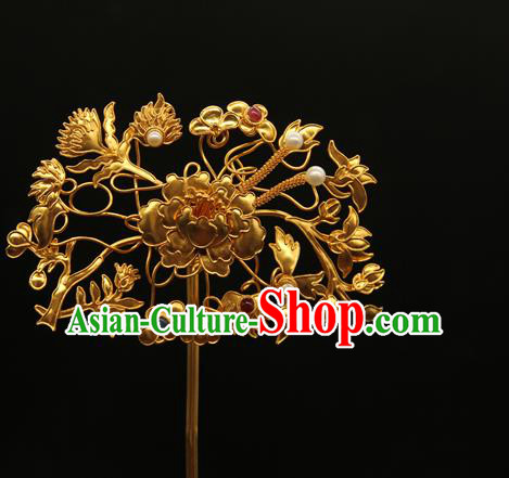 China Traditional Qing Dynasty Court Hair Accessories Handmade Golden Peony Hair Stick Ancient Imperial Empress Hairpin