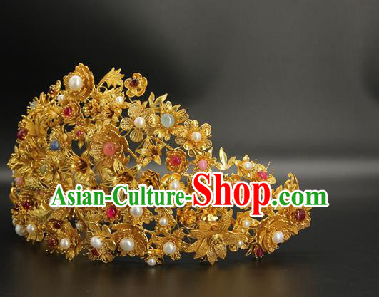 China Traditional Ming Dynasty Wedding Hair Accessories Handmade Golden Hairpin Ancient Empress Pearls Flower Hair Crown