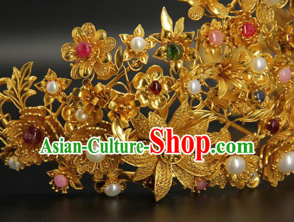 China Traditional Ming Dynasty Wedding Hair Accessories Handmade Golden Hairpin Ancient Empress Pearls Flower Hair Crown