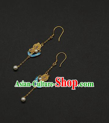 Handmade Chinese Traditional Qing Dynasty Court Ear Jewelry Ancient Imperial Consort Earrings Blueing Accessories