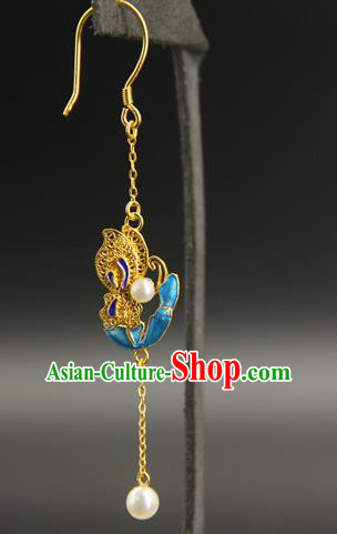 Handmade Chinese Traditional Qing Dynasty Court Ear Jewelry Ancient Imperial Consort Earrings Blueing Accessories