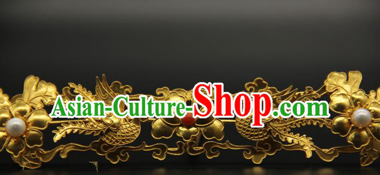 China Traditional Ancient Ming Dynasty Court Hair Accessories Hairpin Handmade Golden Phoenix Hair Crown