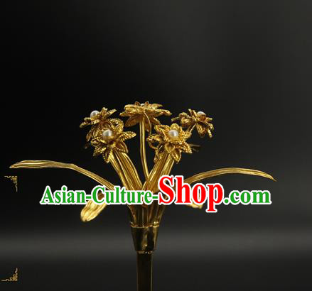 China Ancient Court Golden Orchids Hairpin Traditional Song Dynasty Empress Hair Accessories Handmade Hair Stick