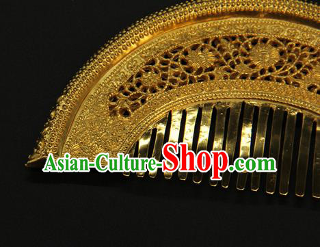 China Ancient Empress Hairpin Traditional Tang Dynasty Palace Hair Accessories Handmade Court Golden Hair Comb