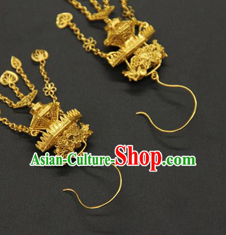Handmade Chinese Ancient Hanfu Ear Jewelry Accessories Traditional Ming Dynasty Empress Golden Bonsai Earrings