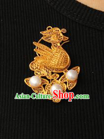 Handmade Chinese Ancient Empress Ear Jewelry Traditional Ming Dynasty Golden Mandarin Duck Earrings Accessories