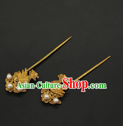 China Ancient Empress Golden Mandarin Duck Hairpin Traditional Ming Dynasty Palace Hair Accessories Handmade Court Hair Stick