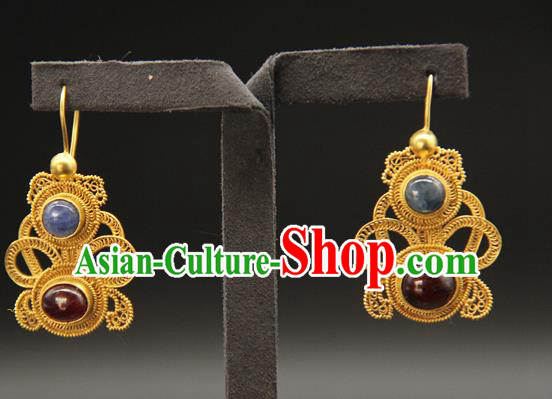 Handmade Chinese Ancient Empress Golden Gourd Ear Jewelry Traditional Ming Dynasty Gems Earrings Accessories