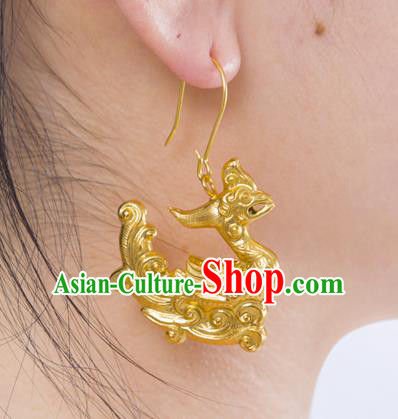 Handmade Chinese Ancient Empress Golden Phoenix Ear Jewelry Traditional Song Dynasty Palace Earrings Accessories