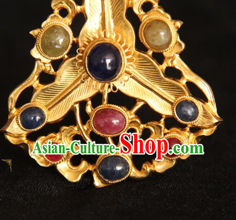 China Ancient Empress Gems Hair Crown Handmade Court Golden Hairpin Traditional Ming Dynasty Palace Hair Accessories