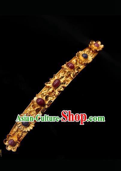 China Traditional Ming Dynasty Golden Hairpin Handmade Hair Accessories Ancient Imperial Consort Ruby Hair Crown