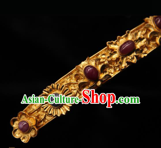 China Traditional Ming Dynasty Golden Hairpin Handmade Hair Accessories Ancient Imperial Consort Ruby Hair Crown
