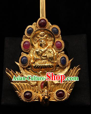 China Ancient Imperial Consort Phoenix Hairpin Handmade Hair Accessories Traditional Ming Dynasty Golden Buddha Hair Stick