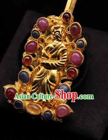 China Handmade Hair Accessories Traditional Ming Dynasty Golden Hair Stick Ancient Imperial Consort Gems Hairpin