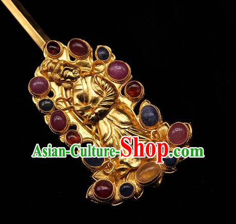 China Handmade Hair Accessories Traditional Ming Dynasty Golden Hair Stick Ancient Imperial Consort Gems Hairpin