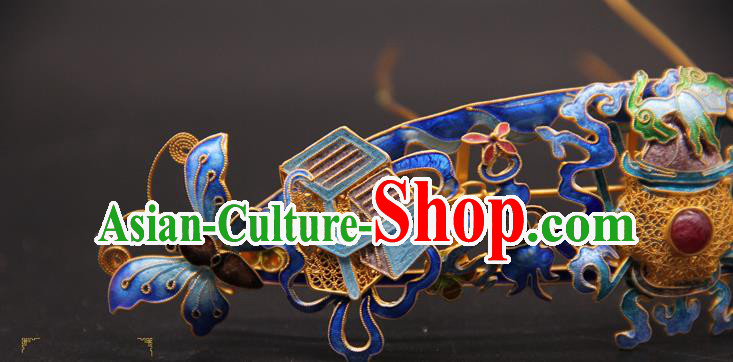 China Ancient Empress Hairpin Traditional Queen Hair Accessories Handmade Qing Dynasty Blueing Butterfly Flowers Hair Crown
