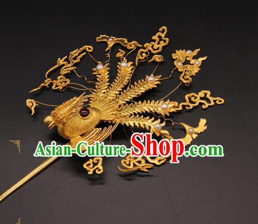China Handmade Ming Dynasty Court Empress Hair Crown Traditional Wedding Hair Accessories Ancient Queen Golden Phoenix Hairpin
