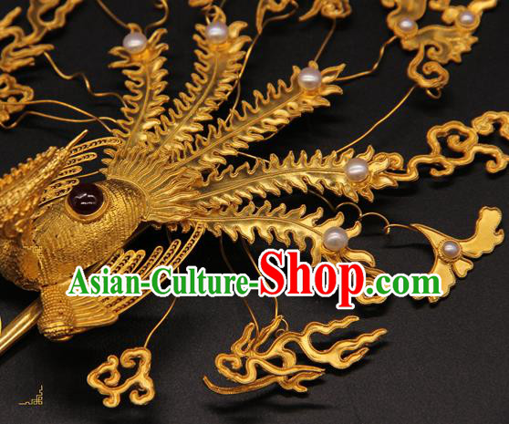 China Handmade Ming Dynasty Court Empress Hair Crown Traditional Wedding Hair Accessories Ancient Queen Golden Phoenix Hairpin