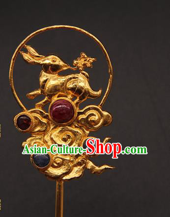 China Handmade Ming Dynasty Empress Gems Hairpin Ancient Queen Golden Cloud Hair Stick Traditional Court Hair Accessories