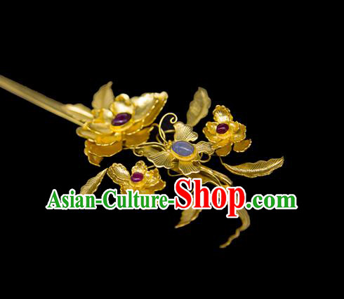 China Traditional Ancient Ming Dynasty Empress Hair Accessories Handmade Palace Golden Flowers Hairpin