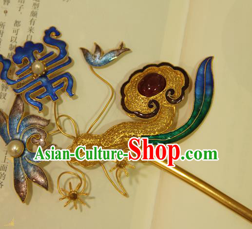 China Handmade Palace Woman Blueing Chrysanthemum Hair Stick Traditional Queen Headpiece Ancient Qing Dynasty Empress Ruby Hairpin
