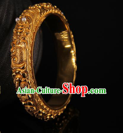 Handmade Chinese Traditional Court Pearls Bracelet Jewelry Ancient Qing Dynasty Carving Bangle Accessories