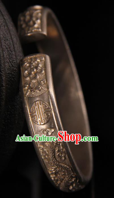 Handmade Chinese Ancient Qing Dynasty Carving Silver Bangle Accessories Traditional Court Bracelet Jewelry