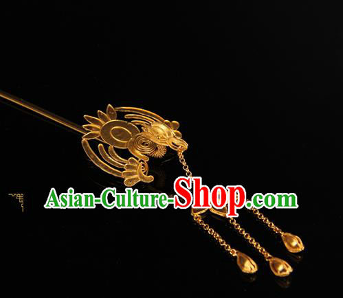 China Traditional Court Headpiece Ancient Qing Dynasty Empress Tassel Hairpin Handmade Palace Queen Golden Phoenix Hair Stick