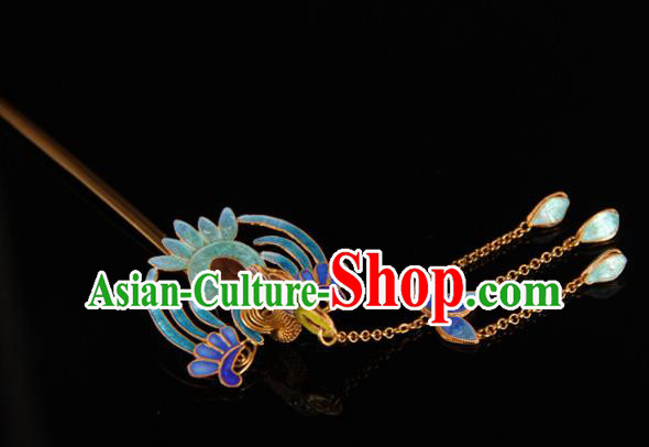 China Ancient Qing Dynasty Empress Tassel Hairpin Handmade Palace Queen Enamel Phoenix Hair Stick Traditional Court Headpiece
