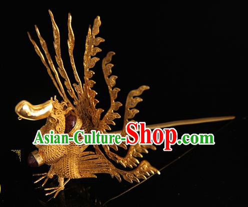 China Handmade Queen Golden Phoenix Hair Crown Ancient Traditional Palace Headpiece Ming Dynasty Empress Hairpin