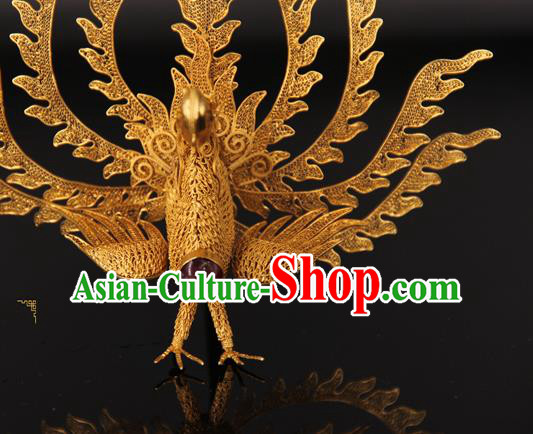 China Handmade Queen Golden Phoenix Hair Crown Ancient Traditional Palace Headpiece Ming Dynasty Empress Hairpin