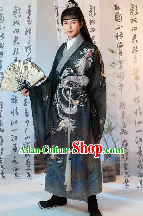 China Ancient Prince Embroidered Clothing Traditional Ming Dynasty Swordsman Black Robe Costumes for Men