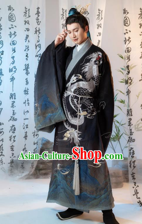 China Ancient Prince Embroidered Clothing Traditional Ming Dynasty Swordsman Black Robe Costumes for Men